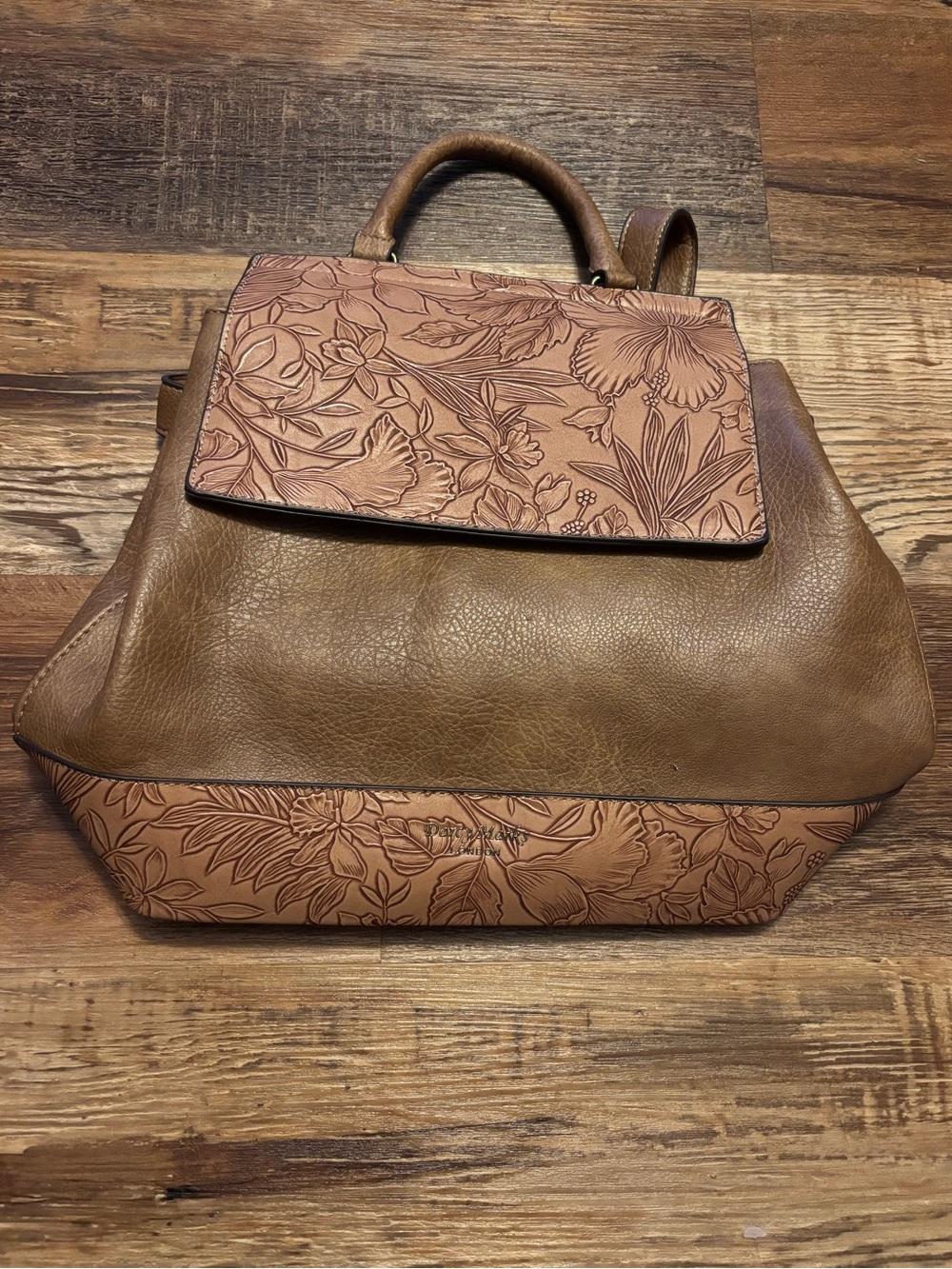 Embossed Floral Tan Leather Backpack Tote